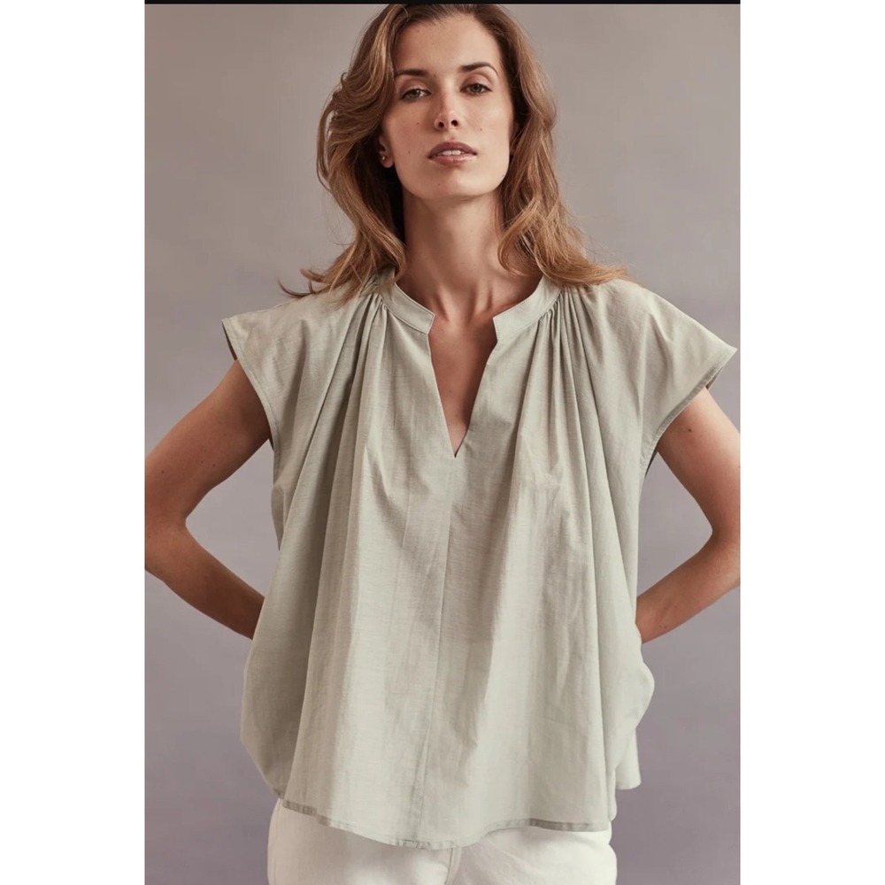 Harshman Los Angeles Finch Popover Green Cotton Silk Blend Split Neck Blouse XS